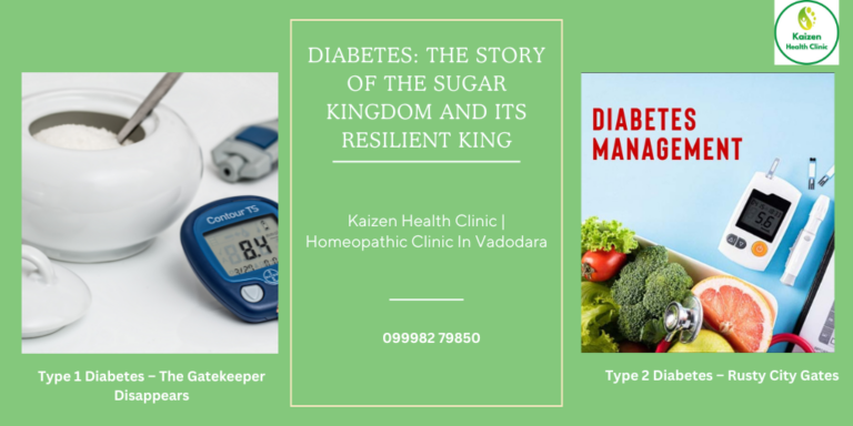 "Illustration of a sugar kingdom with a resilient king symbolizing diabetes management, presented by Kaizen Health Clinic, Homeopathic Clinic in Vadodara."